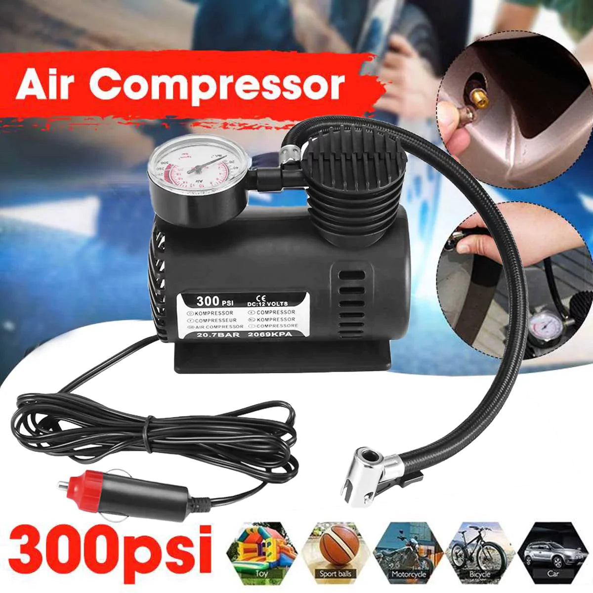 12V 300 PSI Heavy Duty Portable Mini Air Compressor – Click2Kart